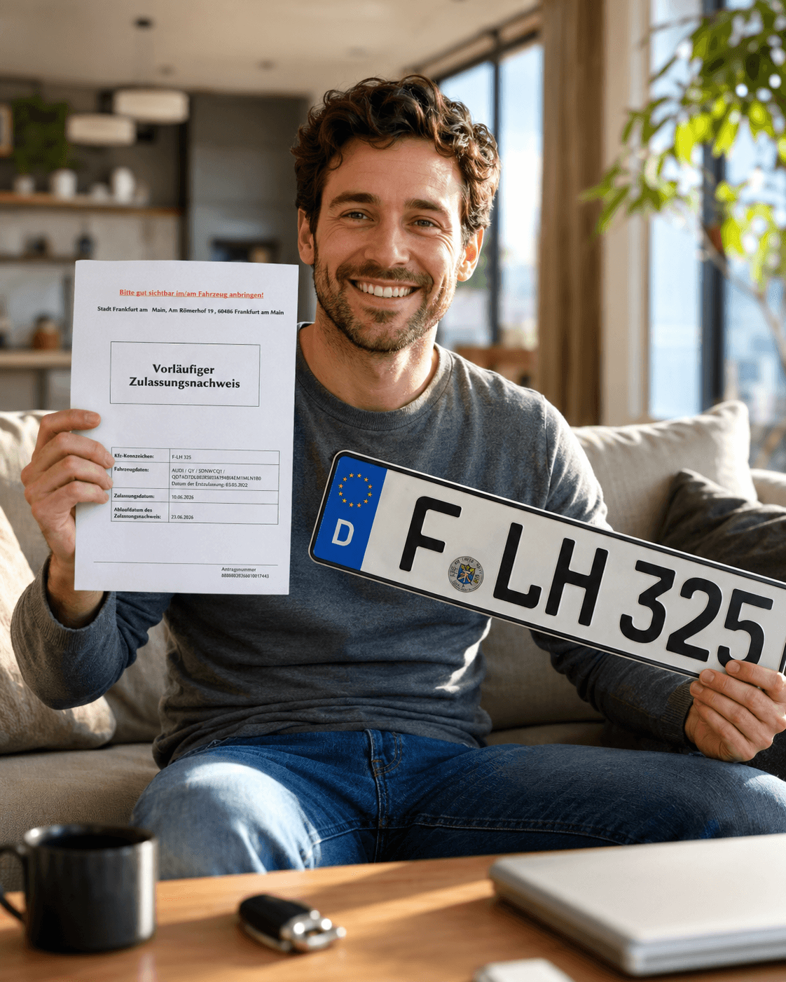 Glücklicher Mann mit Zulassungsbescheid und Kennzeichen in der Hand