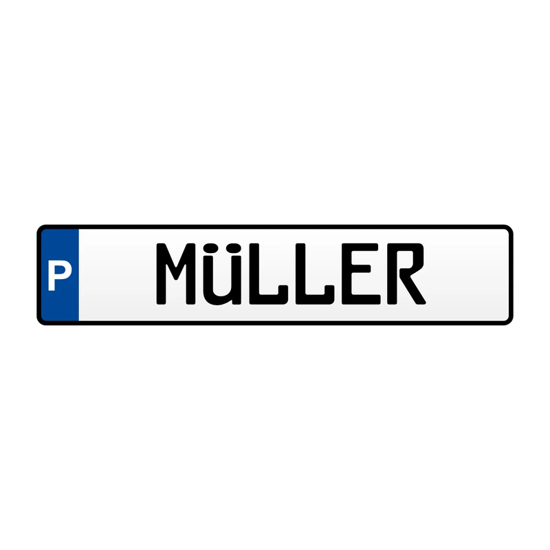 Parkplatzschild mit Wunschtext / Name geprägt – Aluminium 520 × 114 mm (max. 9 Zeichen)