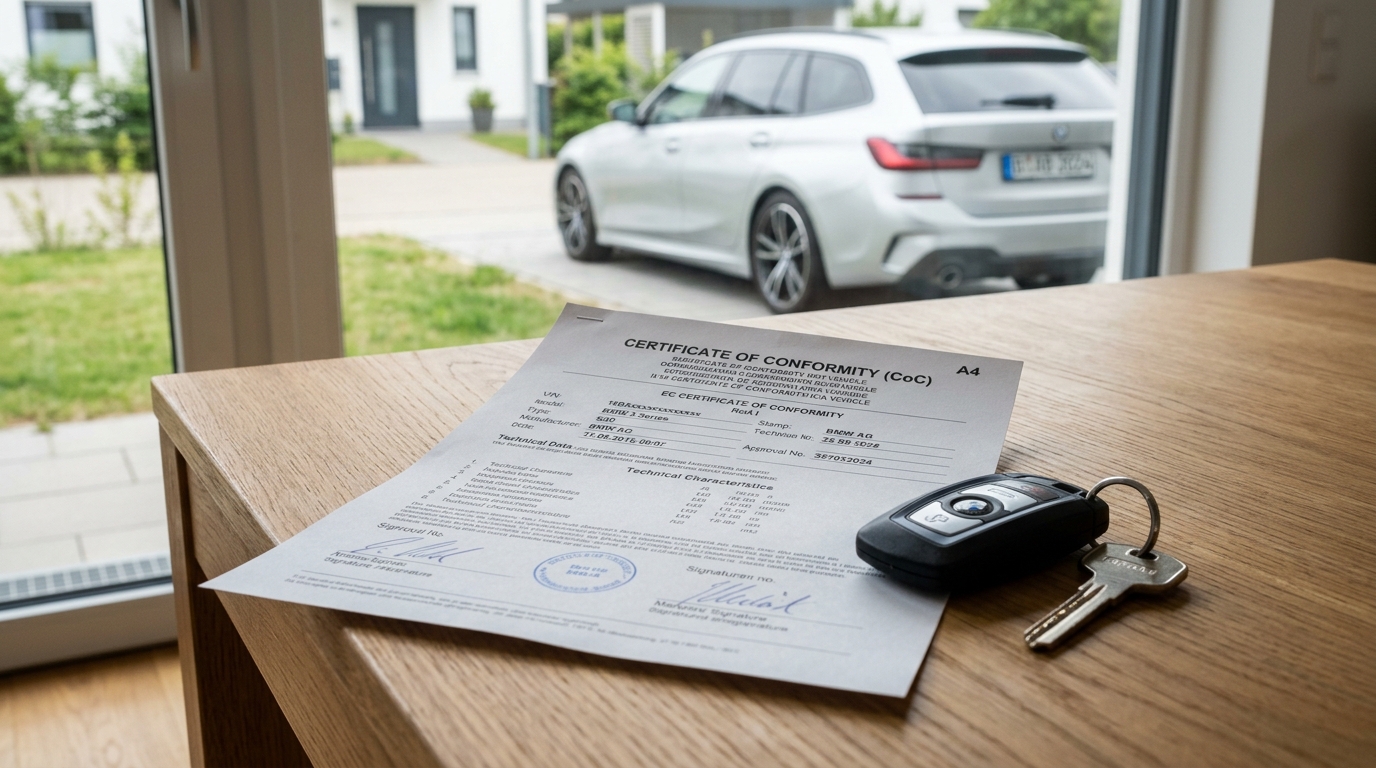 Echtes CoC-Papier (Certificate of Conformity) und Autoschlüssel vor einem importierten Fahrzeug