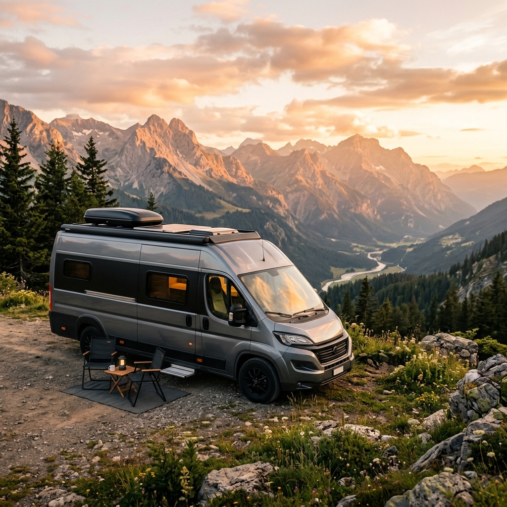 Modernes Wohnmobil parkt vor einer Bergkulisse