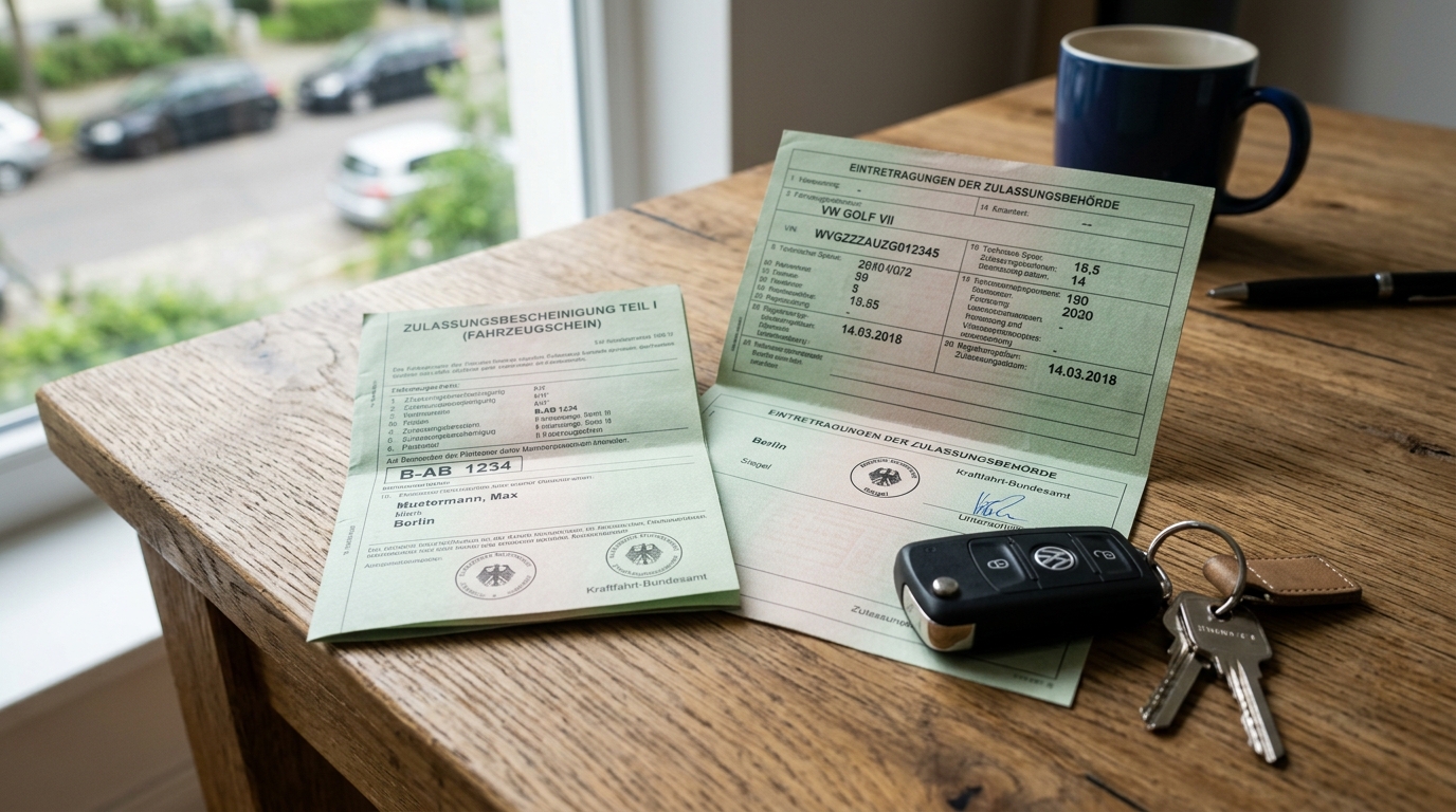 Zulassungsbescheinigung Teil I und Teil II. Fahrzeugschein und Fahrzeugbrief